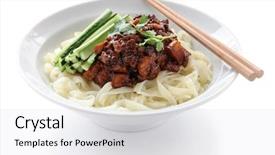  Presentation with soy bean - Beautiful theme featuring zha jiang mian chinese cuisine noodles topped with fermneted soy bean paste and fresh cucumber backdrop and a light gray colored foreground