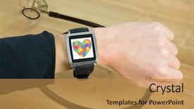  Presentation with smart - PPT theme featuring jigsaw medical - businesswoman with smart watch background and a  colored foreground