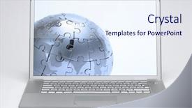  Presentation with jigsaw globe - Slide deck having jigsaw pieces world - laptop on white background background and a sky blue colored foreground