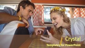  Presentation with phone - Amazing PPT theme having jini technology - smiling young woman showing mobile backdrop and a tawny brown colored foreground