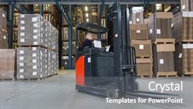  Presentation with truck drivers - Audience pleasing PPT theme consisting of jit - reach truck driving around cardboard backdrop and a gray colored foreground