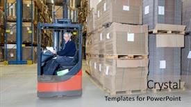  Presentation with forklift racks - PPT theme featuring jit - reach truck forklift driving past background and a light gray colored foreground