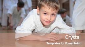  Presentation with jiu jitsu - Audience pleasing PPT theme consisting of jiu jitsu - lying boy in sports hall backdrop and a coral colored foreground