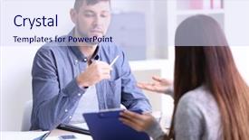  Presentation with job interview - Colorful slide set enhanced with job applicant having interview backdrop and a sky blue colored foreground