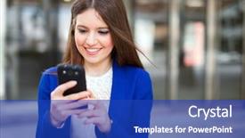  Presentation with mobile application - Beautiful presentation theme featuring job application - portrait of a beautiful smiling backdrop and a royal blue colored foreground