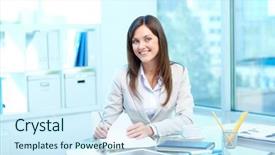  Presentation with camera - Amazing presentation theme having job application - portrait of young female looking backdrop and a cool aqua colored foreground