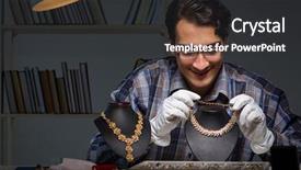  Presentation with young students working in groups - Beautiful PPT theme featuring job appraisal - young male jeweller working backdrop and a dark gray colored foreground