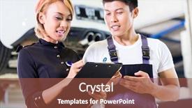  Presentation with auto - Colorful PPT theme enhanced with assignment - asian car mechanic and manager backdrop and a red colored foreground
