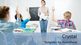  Presentation with teacher - PPT layouts consisting of job assignment young - happy teacher standing by blackboard background and a light blue colored foreground