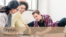  Presentation with employees working together - Colorful slide set enhanced with unconventional - three young creative employees backdrop and a coral colored foreground