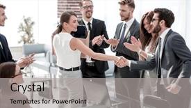  Presentation with office - Presentation theme having young business woman meets colleagues background and a gray colored foreground