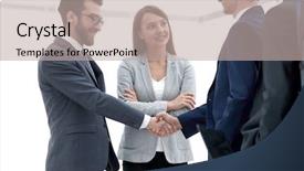  Presentation with business partner people joining hand - Audience pleasing presentation consisting of job attitude - business partners shaking hands backdrop and a mint green colored foreground