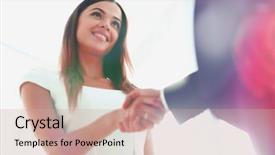  Presentation with business partner people joining hand - Audience pleasing slide set consisting of job attitude - business woman shaking hand backdrop and a coral colored foreground