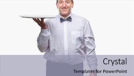  Presentation with waiter - Audience pleasing theme consisting of job attitude - handsome senior waiter man holding backdrop and a light gray colored foreground