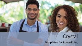  Presentation with restaurant waiter - Cool new PPT layouts with job attitude - portrait of smiling waiter backdrop and a light blue colored foreground