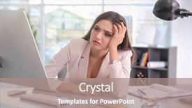  Presentation with tired - Theme featuring job burnout - tired woman at workplace background and a coral colored foreground