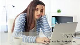  Presentation with tired - Slides featuring job burnout - tired woman at workplace background and a mint green colored foreground