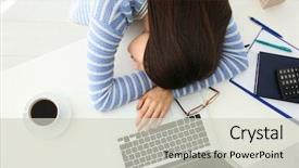  Presentation with tired - Colorful theme enhanced with job burnout - tired woman sleeping at workplace backdrop and a soft green colored foreground