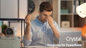  Presentation with office ergonomics man worker exercising - Theme featuring job burnout - tired young man working background and a gray colored foreground