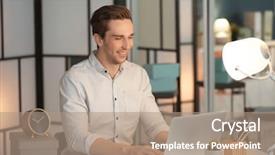  Presentation with burnout - PPT theme having job burnout - young man working in office background and a coral colored foreground