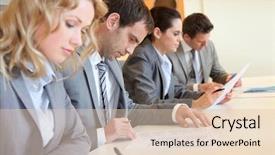  Presentation with young business people - Slide set consisting of job canidate - young business people signing application background and a lemonade colored foreground