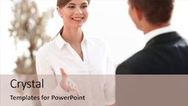  Presentation with business timelines - Amazing PPT theme having job competency - business woman talking backdrop and a  colored foreground