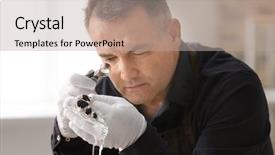  Presentation with evaluation - Presentation theme having job evaluation - jeweler working in workshop closeup background and a mint green colored foreground