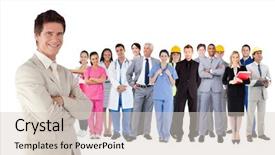  Presentation with job fair - Colorful slide deck enhanced with job fair - businessman standing in front backdrop and a lemonade colored foreground