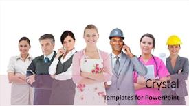  Presentation with job fair - Colorful slide set enhanced with job fair - different kinds of workers backdrop and a coral colored foreground