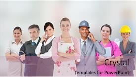  Presentation with job fair - PPT theme enhanced with job fair - different kinds of workers background and a coral colored foreground