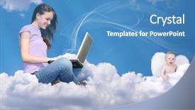  Presentation with angel - Theme featuring job fair - girl with notebook on cloud background and a teal colored foreground