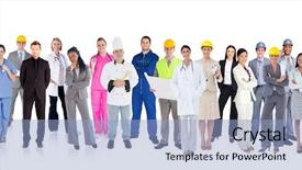  Presentation with job - Slide set enhanced with job fair - large diverse group of workers background and a light blue colored foreground