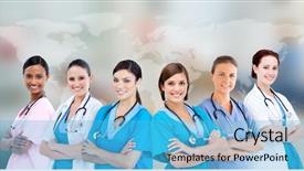  Presentation with job fair - Cool new PPT theme with job fair - medical workers standing against world backdrop and a light blue colored foreground