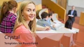  Presentation with job fair - Slide set consisting of job fair - portrait of a smiling female background and a red colored foreground