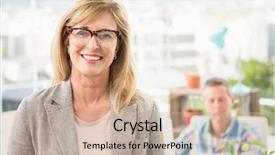  Presentation with job fair - Slide deck consisting of job fair - portrait of smiling casual businesswoman background and a soft green colored foreground