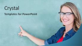  Presentation with teacher negotiations - Slide set featuring job fair - smiling geeky teacher pointing background and a light blue colored foreground