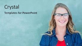  Presentation with teacher - Cool new PPT theme with job fair - smiling geeky teacher standing backdrop and a light blue colored foreground