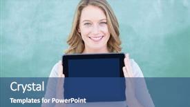  Presentation with teacher - Cool new slides with job fair - smiling teacher holding tablet pc backdrop and a ocean colored foreground