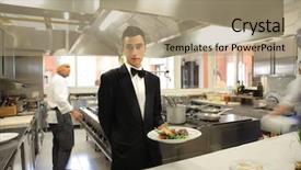  Presentation with restaurant waiter - Slide set with job food - waiter showing a plate background and a coral colored foreground