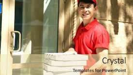  Presentation with pizza - Presentation design with job food safety - young man delivering pizza box background and a  colored foreground