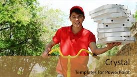  Presentation with pizza - Cool new slide deck with job food safety - young man delivering pizza box backdrop and a  colored foreground