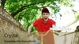  Presentation with food safety - Presentation design with job food safety - young man delivering pizza box background and a coral colored foreground