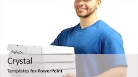  Presentation with pizza - Presentation featuring job food safety - young man holding pizza isolated background and a  colored foreground