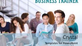  Presentation with job training - Cool new presentation with job fulfillment - business training concept happy young backdrop and a light blue colored foreground