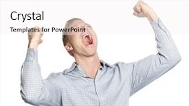  Presentation with army person pressing remote baton - PPT theme with job fulfillment - excited business person shouting background and a white colored foreground