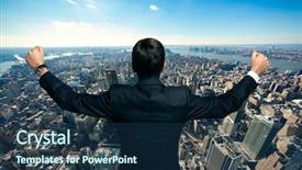  Presentation with job - PPT theme enhanced with job fulfillment - happy businessman raising his arms background and a navy blue colored foreground