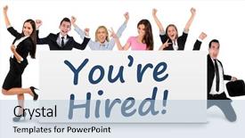  Presentation with writing - PPT theme featuring job incentive - you are hired word writing background and a light blue colored foreground