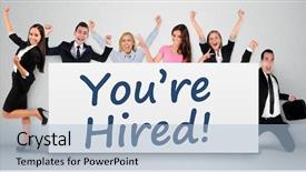  Presentation with writing - Colorful slide set enhanced with job incentive - you are hired word writing backdrop and a light blue colored foreground