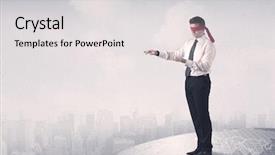  Presentation with city map - Beautiful presentation featuring job insecurity - young blindfolded businessman steps backdrop and a  colored foreground