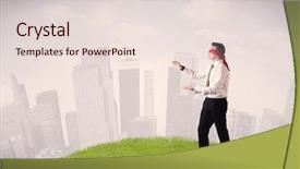  Presentation with blindfolded - Audience pleasing presentation design consisting of job insecurity - young blindfolded businessman steps backdrop and a lemonade colored foreground